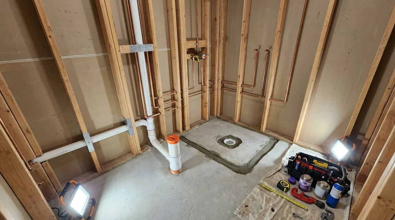 Bathroom rough-in plumbing during remodel by Johns Plumbing LLC in Braidwood
