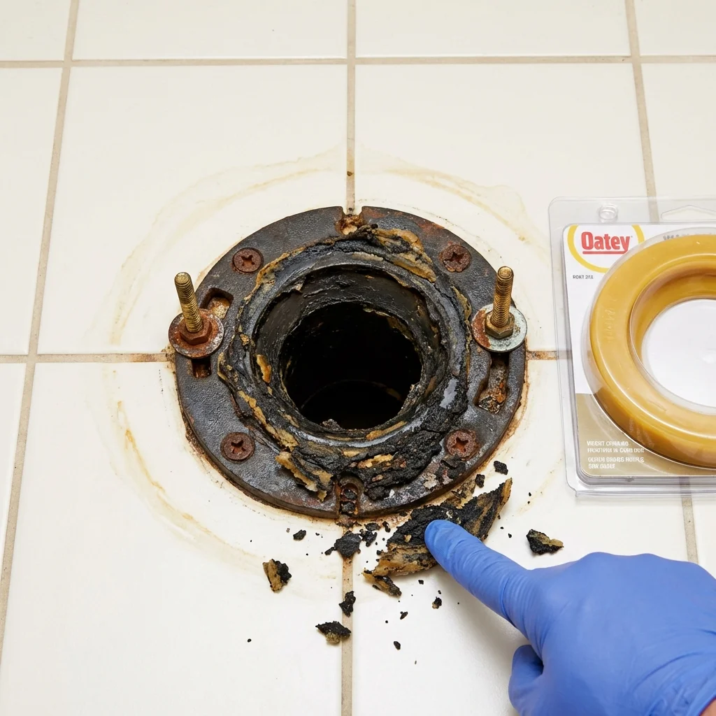 Failed wax ring showing water seepage at the base of a toilet in a Braidwood, IL home