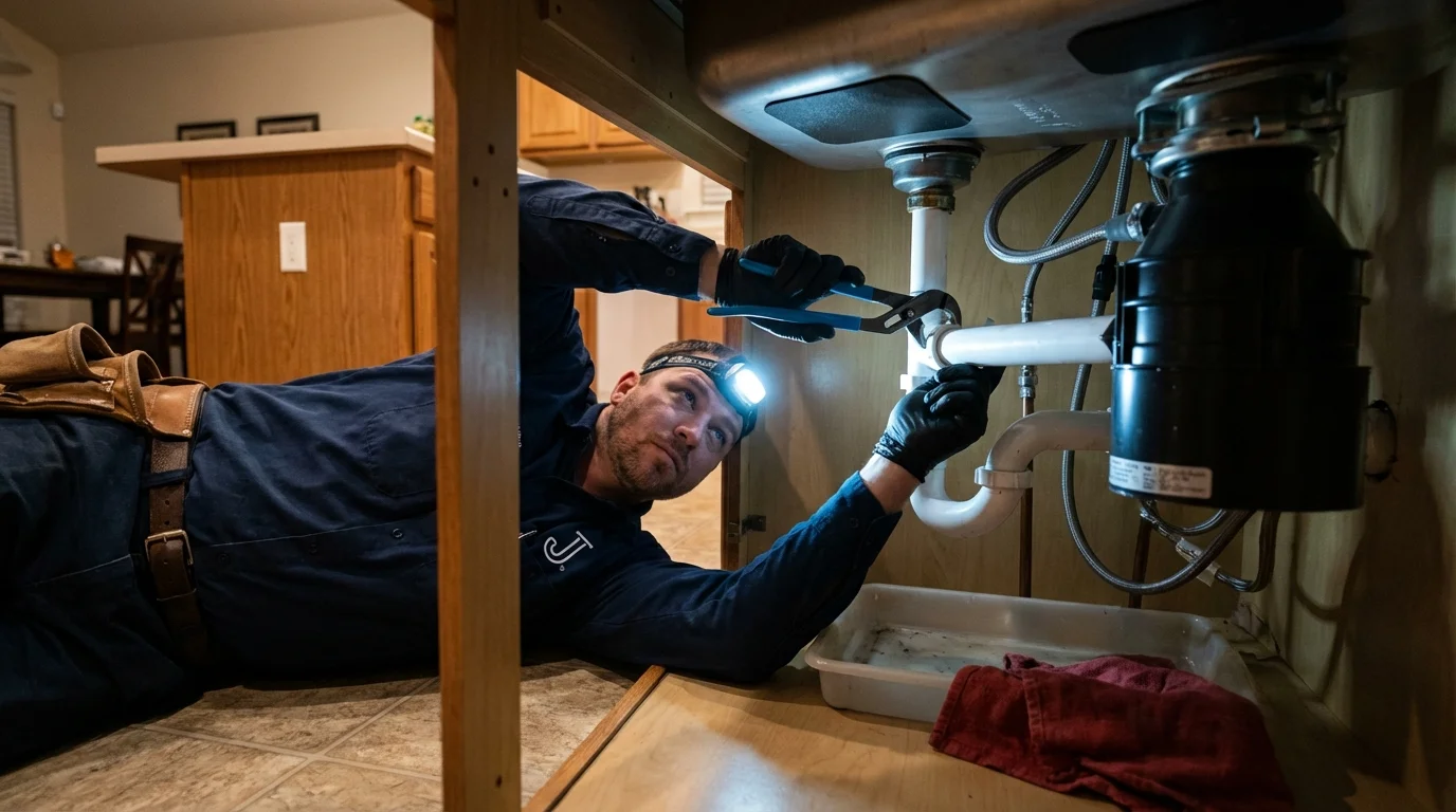 P-trap and supply line connections under a kitchen sink showing a common leak point in Braidwood, IL